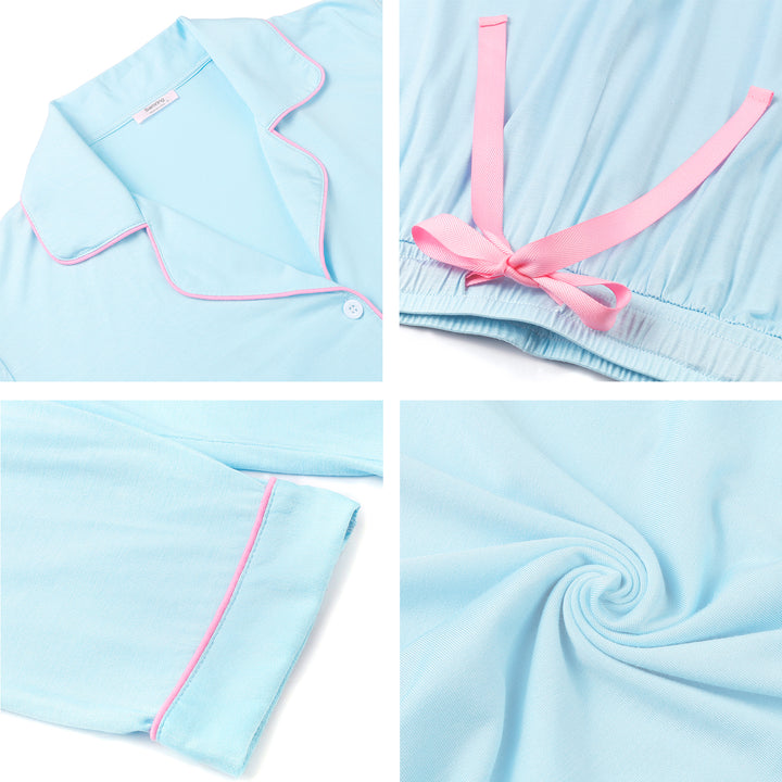 Light blue bamboo pyjama set with pink piping and a pink ribbon 